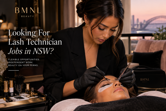 Lash technician providing professional eyelash extensions during a mobile beauty appointment in New South Wales