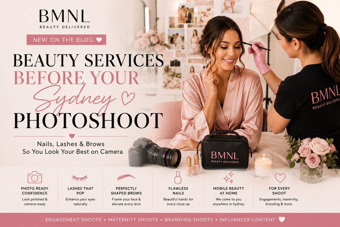 Beauty services before a Sydney photoshoot with mobile nails lashes and brow styling