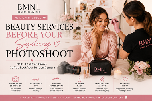 Beauty services before a Sydney photoshoot with mobile nails lashes and brow styling