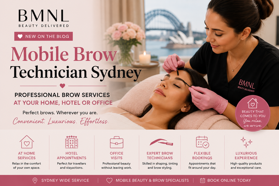 Professional mobile brow technician providing brow shaping and brow tint services at a client's home in Sydney