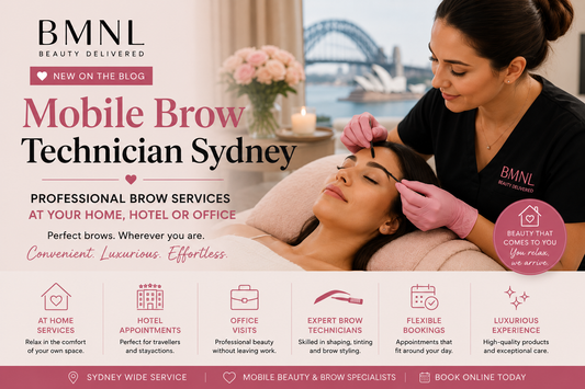 Professional mobile brow technician providing brow shaping and brow tint services at a client's home in Sydney