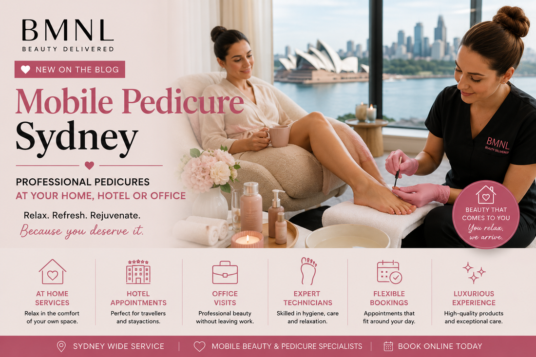 Professional mobile pedicure service in Sydney with a beauty technician providing luxury foot care at a client's home