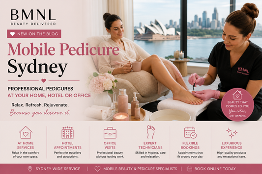 Professional mobile pedicure service in Sydney with a beauty technician providing luxury foot care at a client's home