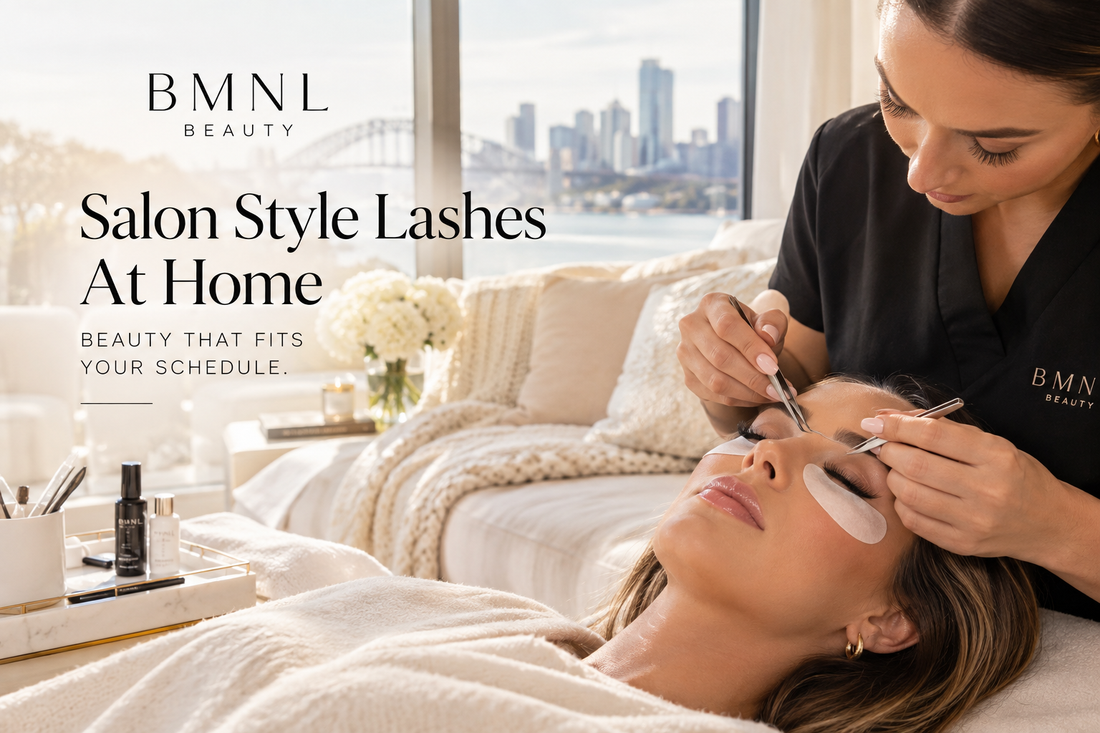Woman receiving professional mobile lash extensions at home in Sydney