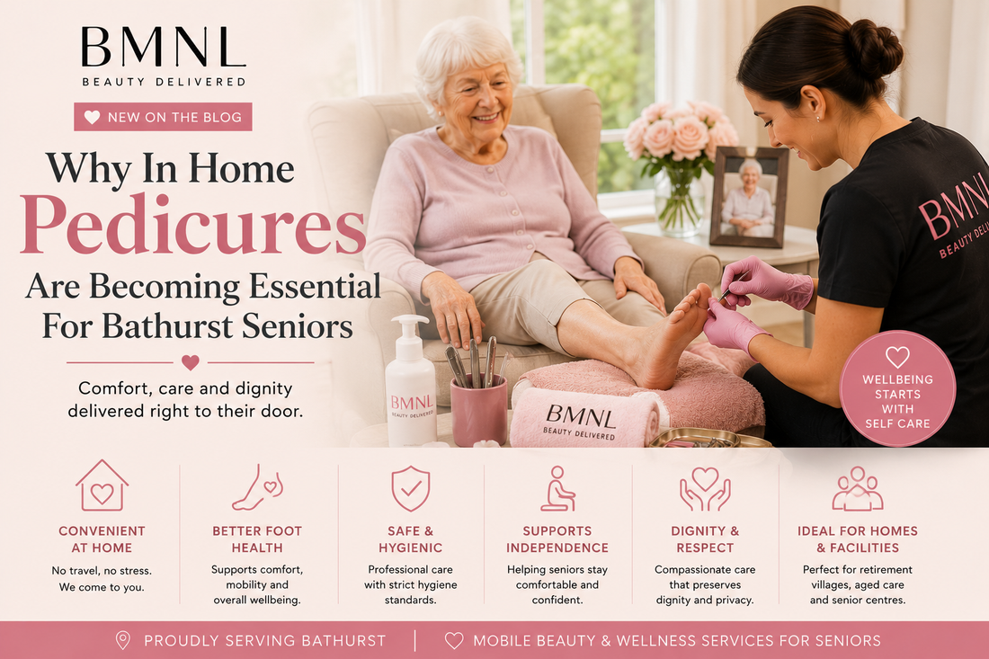 Senior woman receiving an in home pedicure service in Bathurst from a BMNL mobile beauty technician