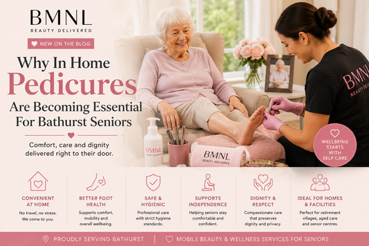 Senior woman receiving an in home pedicure service in Bathurst from a BMNL mobile beauty technician