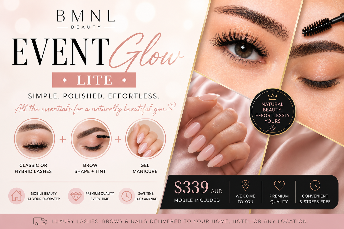 Mobile Lash, Brow & Manicure Package Sydney | Event Glow Lite