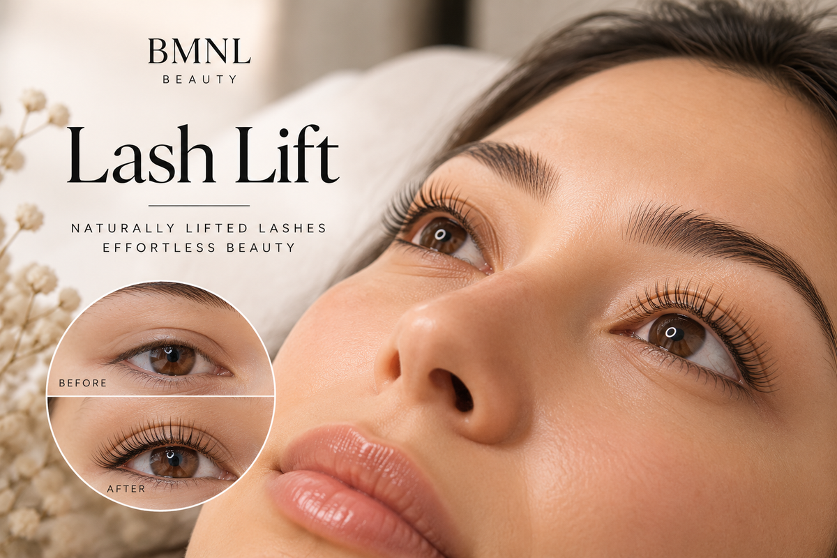 BMNL Beauty professional mobile lash lift service in Bathurst and Sydney, featuring naturally lifted, curled eyelashes with a before and after comparison.